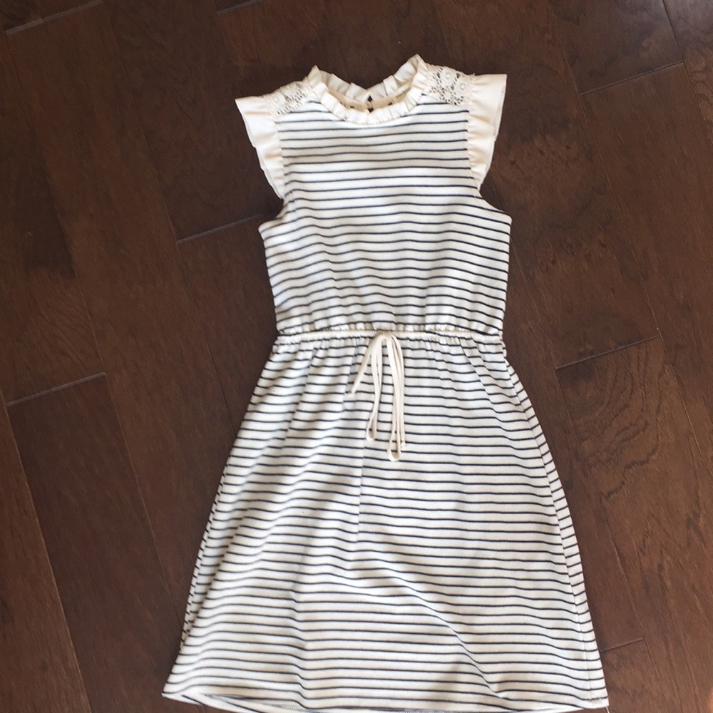 Monteau Girl Knit Cream and Navy Stripe Dress. - Picture 3 of 4